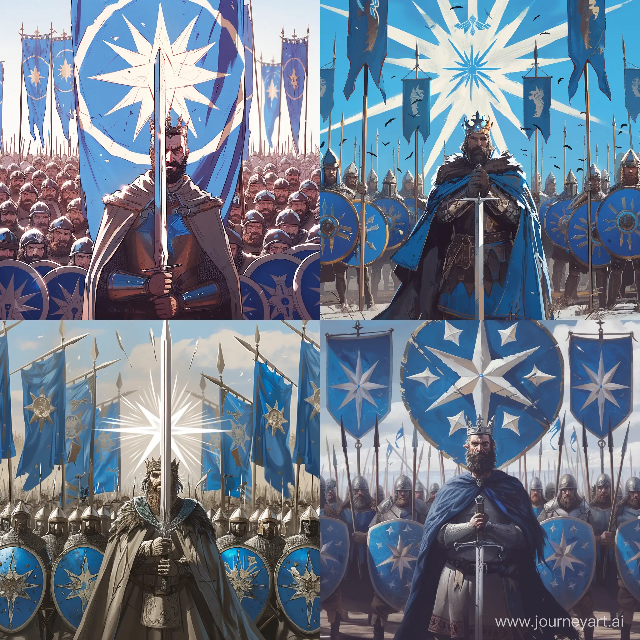 Medieval-King-Leading-Shielded-Army-with-Blue-Banners-Crusader-Kings-3-Style-Art