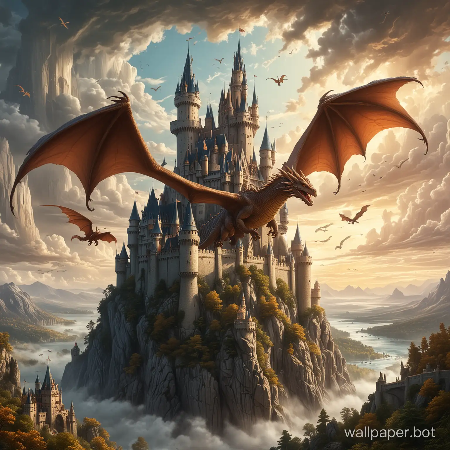 Draw a fantasy castle with a dragon flying over it
