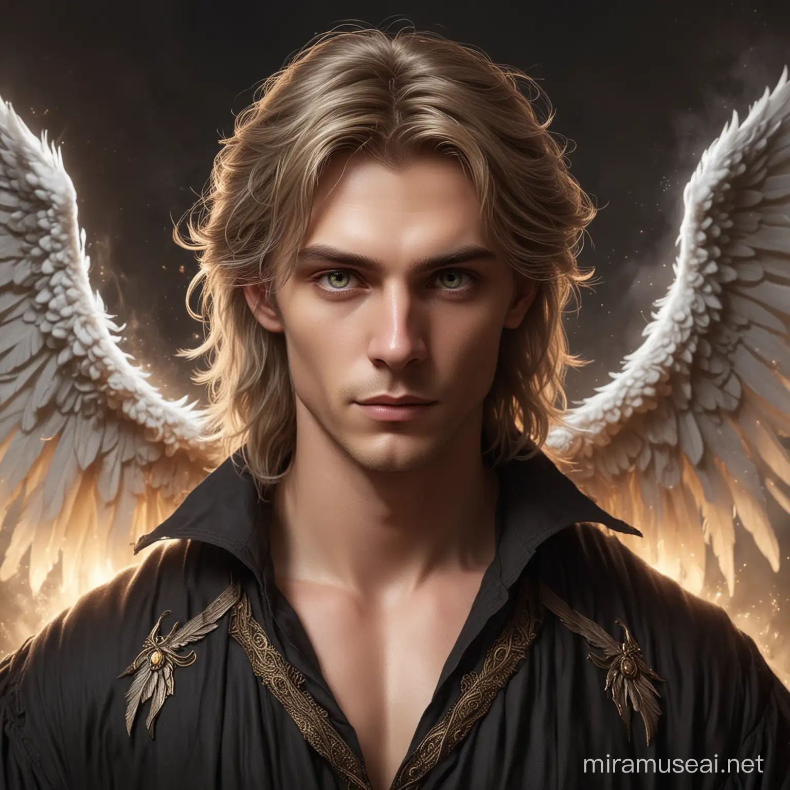 dark blonde hair winged male sorcerer with pale skin and glowing white eyes