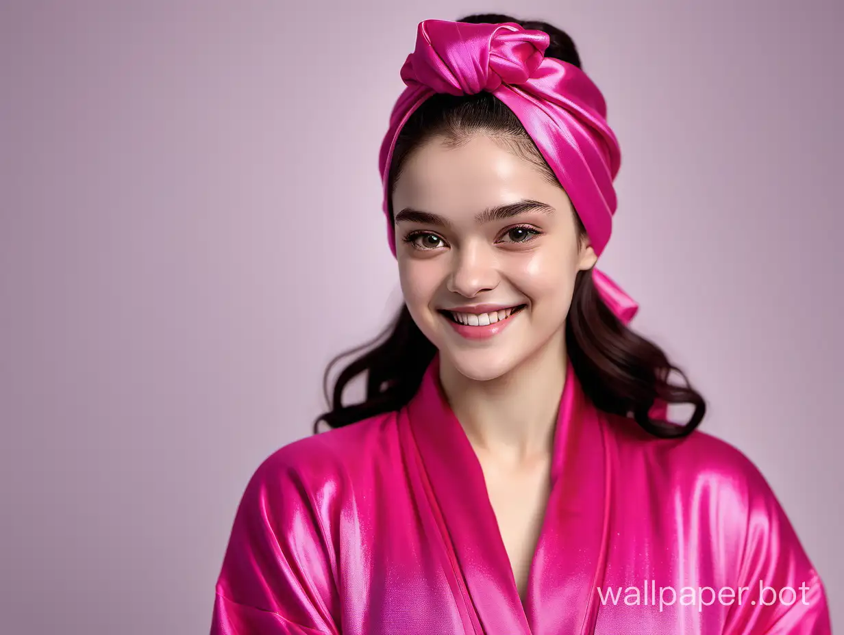 Yevgenia Medvedeva smiles beautifully with long hair in a silk robe of pink fuchsia color with a pink silk towel turban on her head