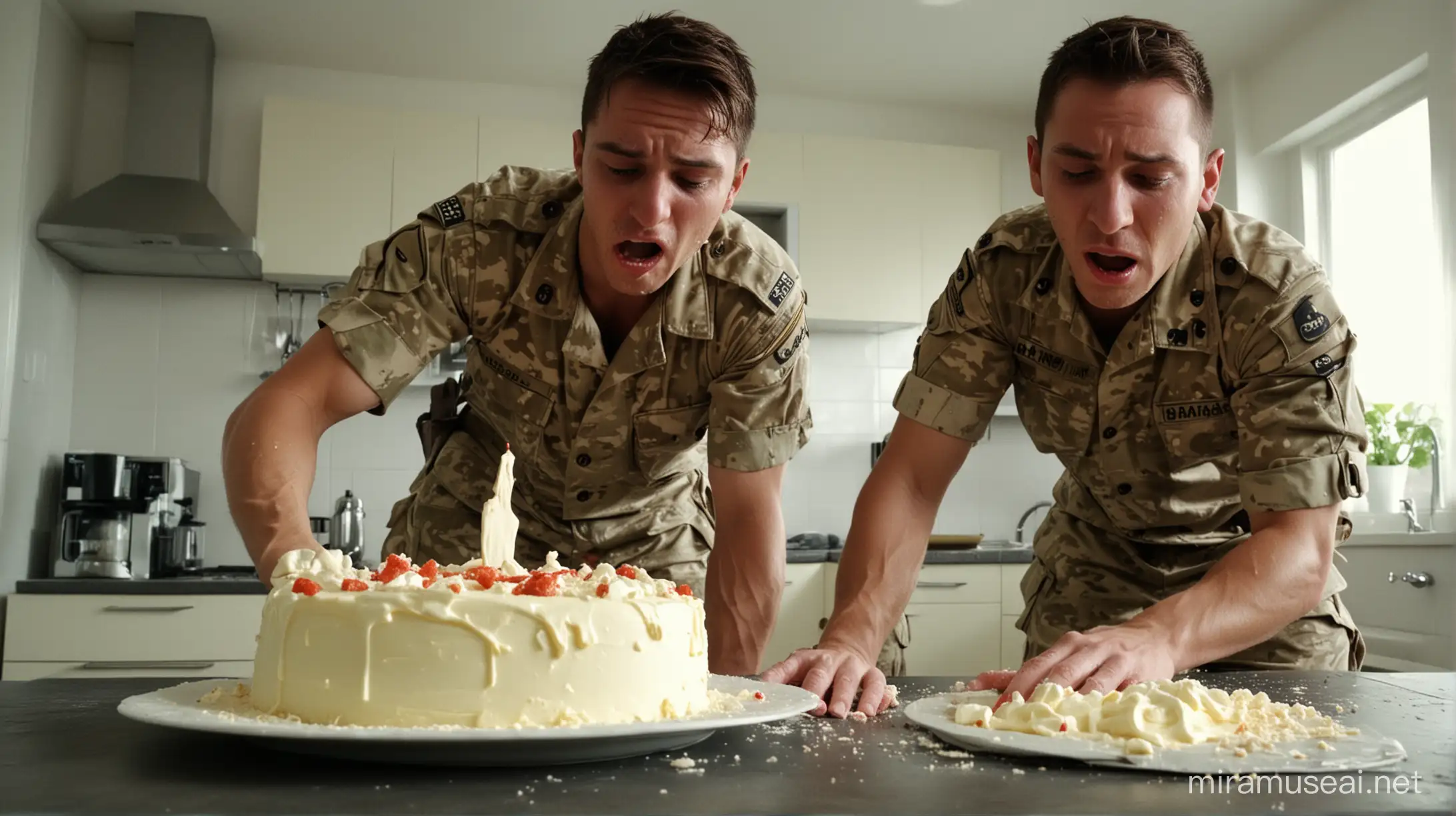 two uniformed soldier violence cake fighting, in kitchen, squeezing the testicles, impacts cake, hits cake, cake in ruin, face in cake, atractive face, uniform covered in cake and cream, pressing your face into the cake and cream, trampling the cake, , back pocket, sex and violence, dramatic angle, extreme angle shot