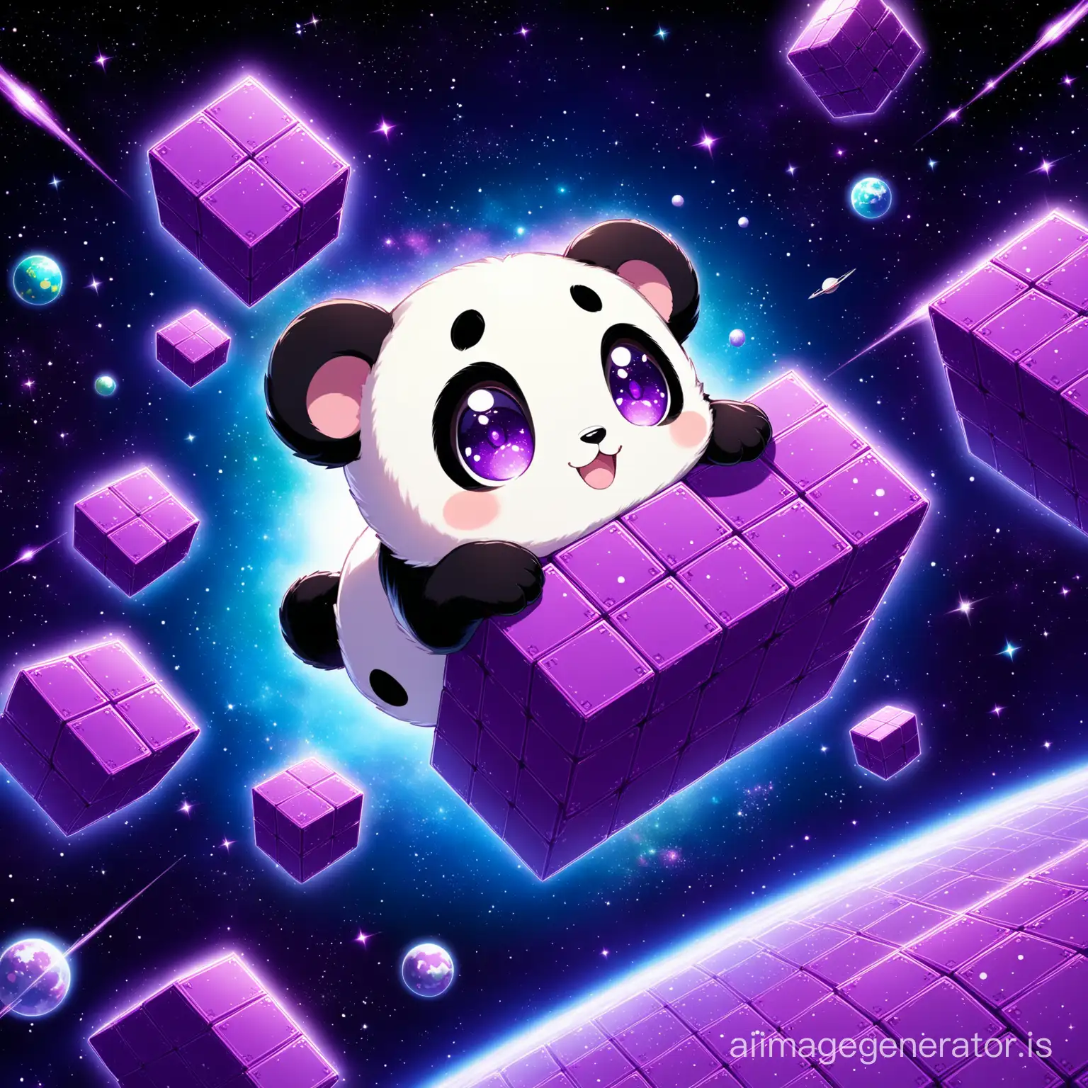 A little happy cute purple pand blocks with purple eye and smile in space with super detail and High Quality
big and purple blocks and floating are seen everywhere
Details are evident beautifully and with great precision