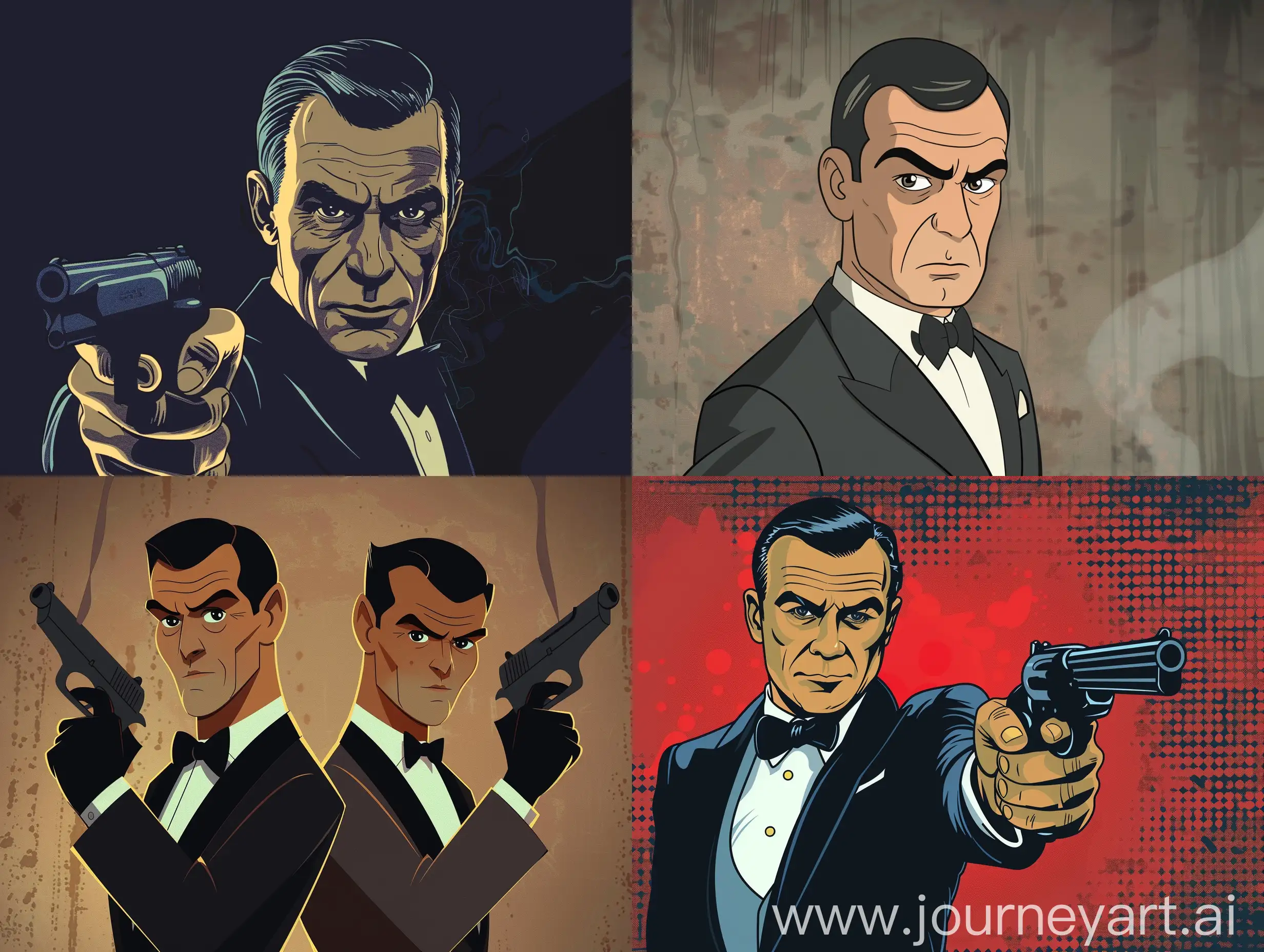 Simple 2d art of the 1960s Sean Connery version of James Bond done in the 2d art style of Batman The Animated Series