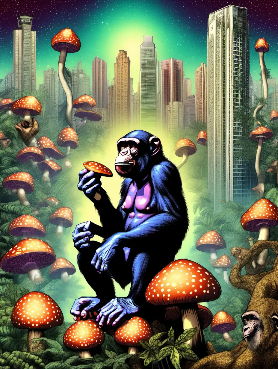 stoned ape theory
chimpanzee eating mushrooms and visualising the future of humanity 
show the invention of the wheel, skyscrapers, space travel, social media, concerts
use lots of colour
