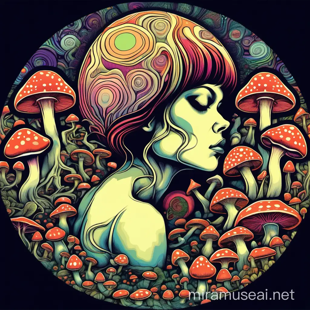 beautiful psycadelic woman hunched over with mushrooms growing out of her back with a circle around it