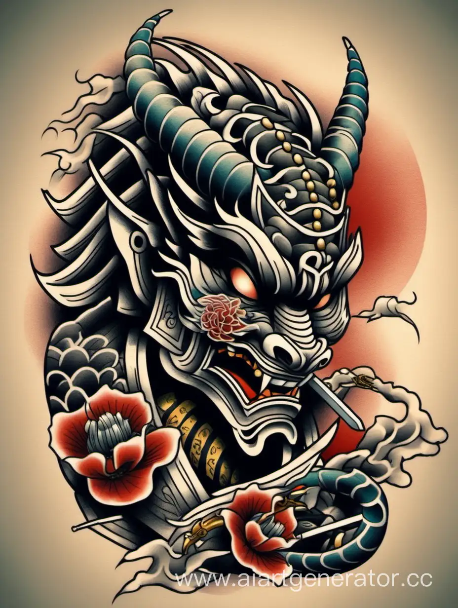 Татуировка Япония маска дракон самурай