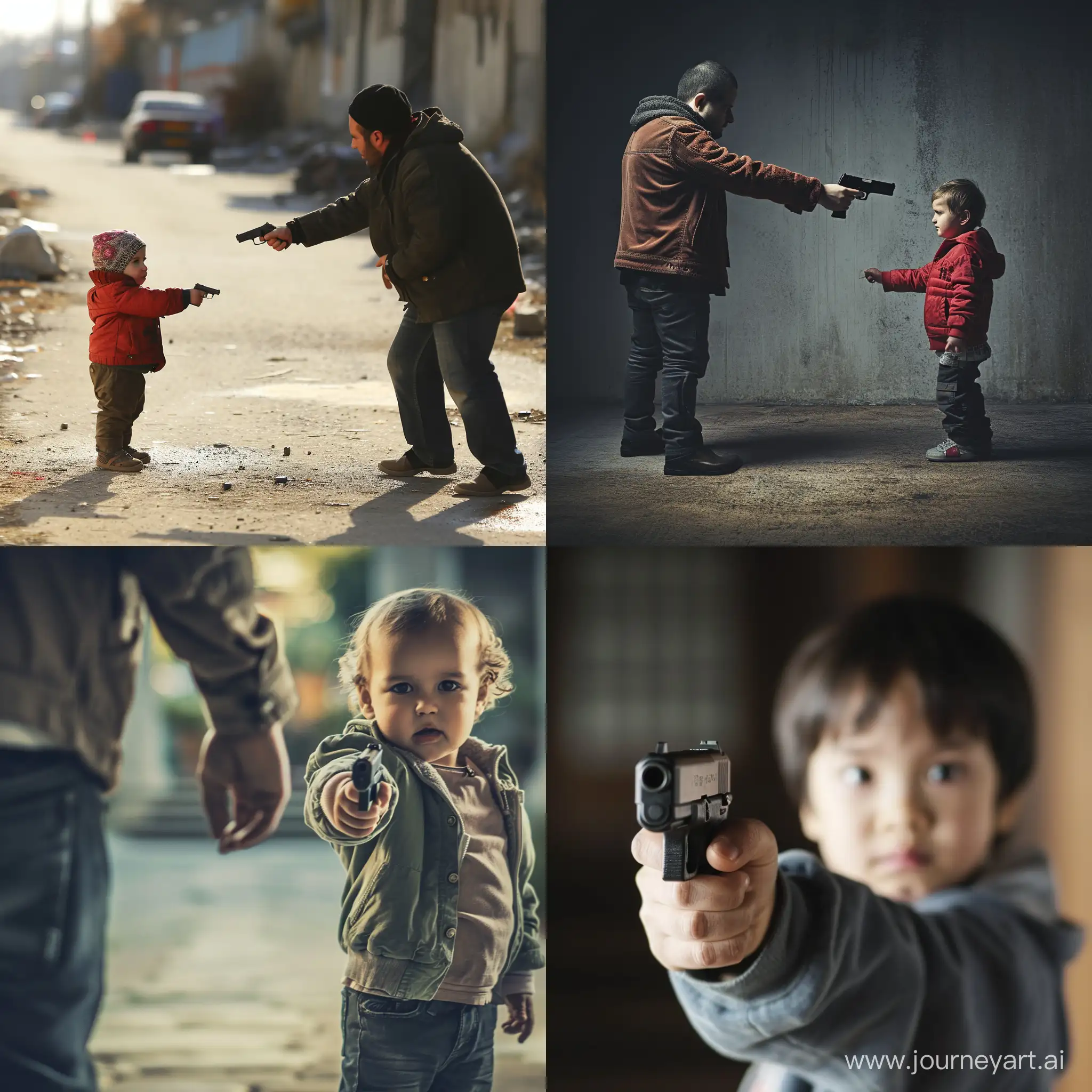 Man that points a gun to a little cute child. This to raise attencion to Child deaths.