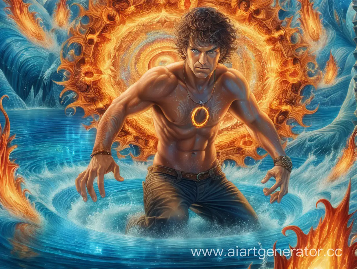 Hydromancer (close up 1man) defy the inferno in the fiery depths of a kaleidoscopic hell, creating a living masterpiece amidst the swirling chaos, background with ring of fire behind him, portal of surreal world, realistic, fantasy,  water and puddle around the man, glowing blue water magic floating near to the man,