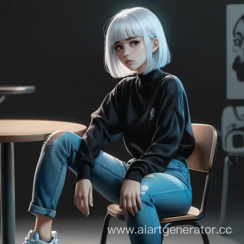 girl, white hair, black eyes, short, medium-length hair, athletic build, black blouse, blue jeans, black sneakers, expresses emotionlessness, sits on a chair with her legs crossed, mysterious atmosphere.