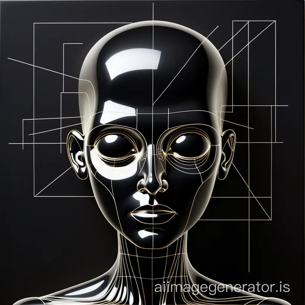 With the mathematical expression of square root of 2 as the background, in a dim black tone, the foreground consists of metallic glossy line drawings, with the frontal head shape of a figure as the main subject, hollowed out in perspective.
