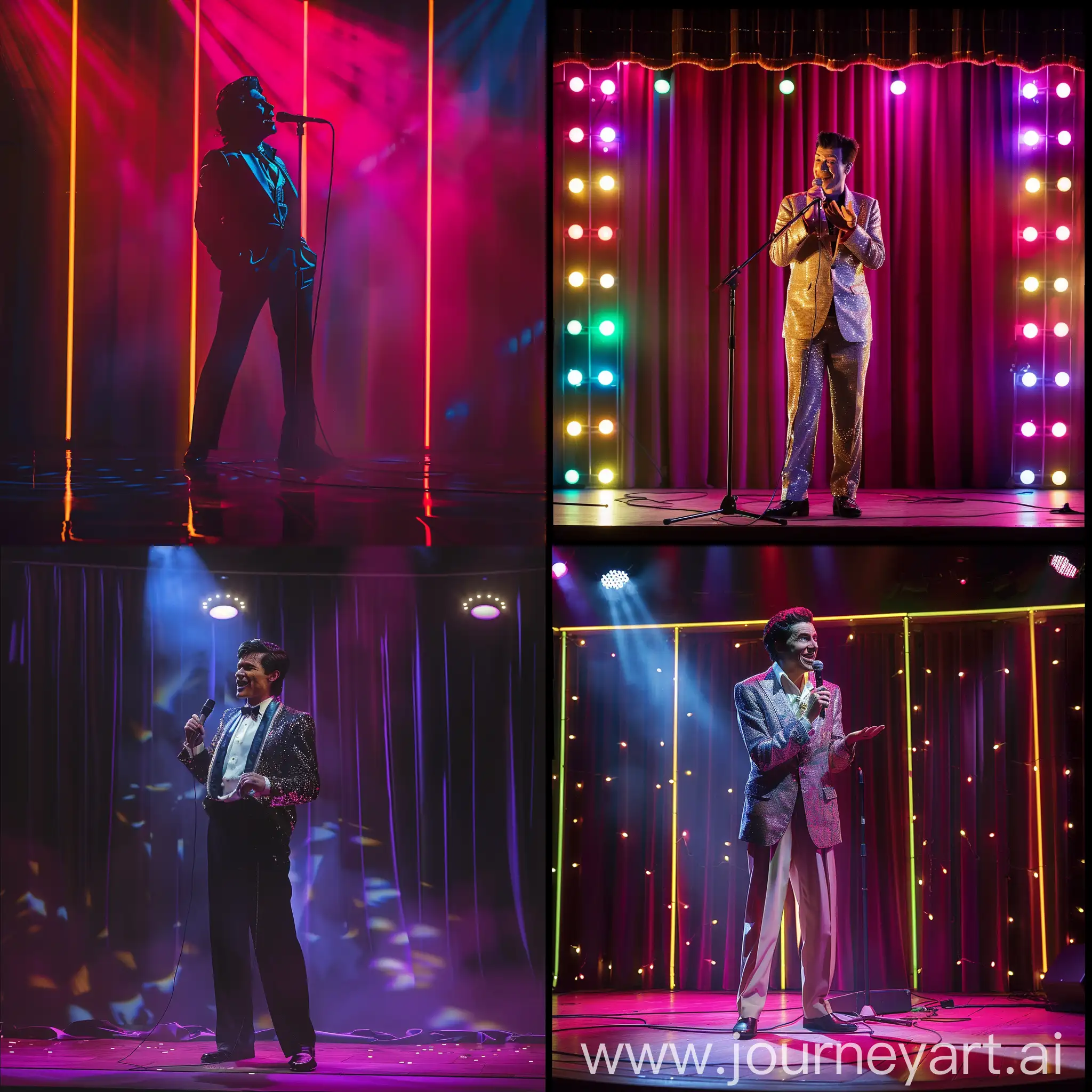 Elegantly-Dressed-Comedian-on-1980s-Style-Stage-in-Cinematic-Neon-Colors