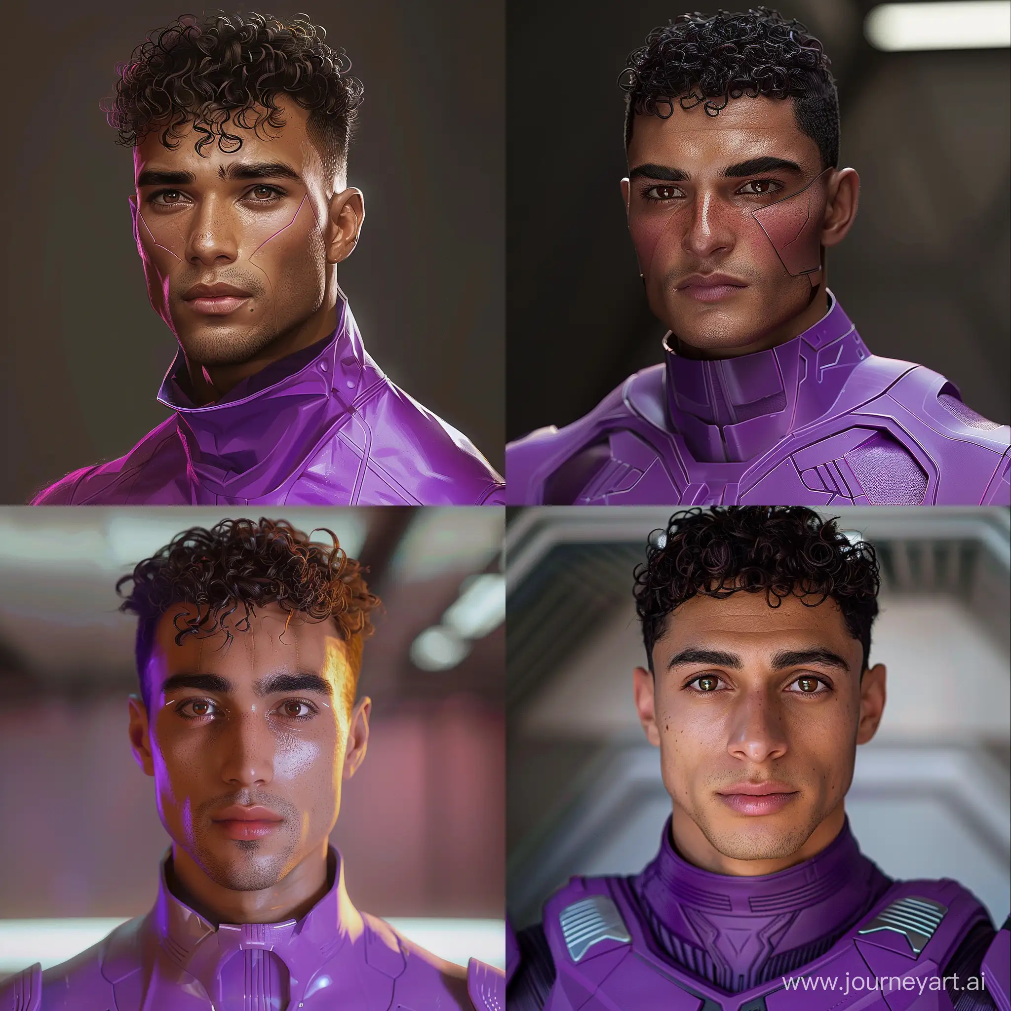 Fair tan egyptian man with brown eyes and wavy curly short hair in a purple cyberpunk