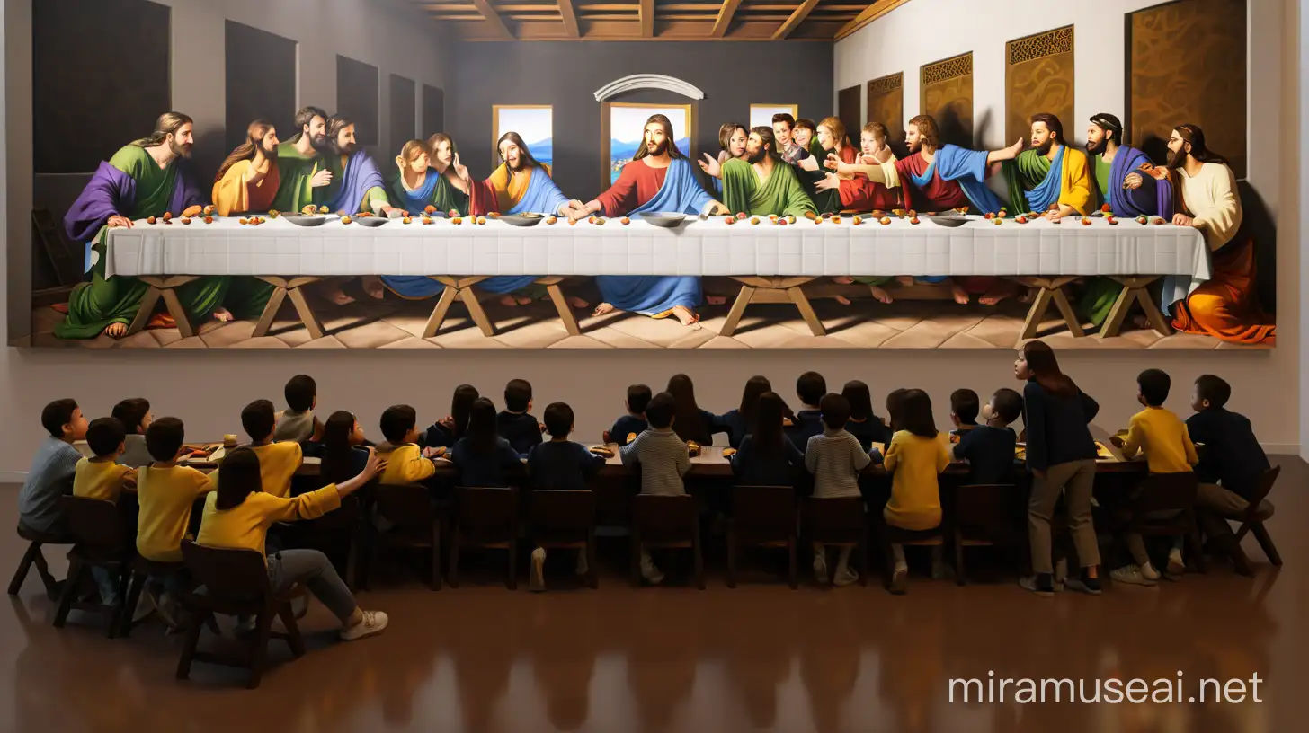 3D illustrator of an animated scene of  a female teacher and her students stand in front of  the (the last supper ) painting in the museum