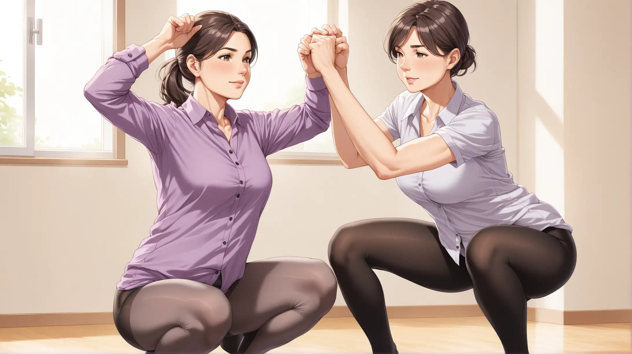 Mature, Gray/Brunette Woman, wearing an untucked, stretch Mauve Button Down shirt, Gray Pantyhose, squats with her 21-year old stepson, who wears her black tights and an untucked white Button Down shirt.  They raise arms as they exercise, she gently pokes his tummy.