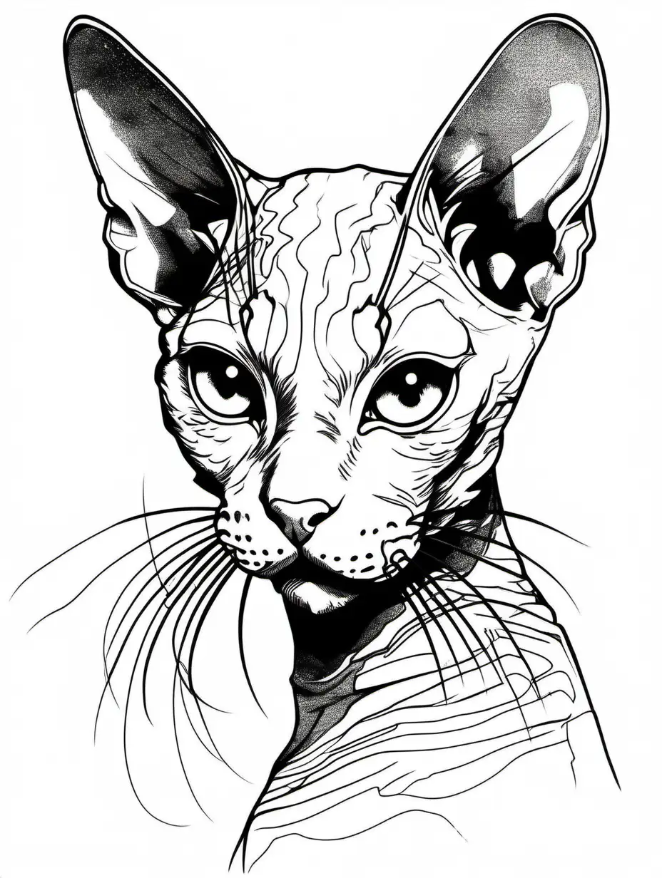 Devon Rex cat, hiperdetailed profile, explosive drawing lineart, explosive black ink, Eliran katton style,  caotic neon lines, monochromatic, white background