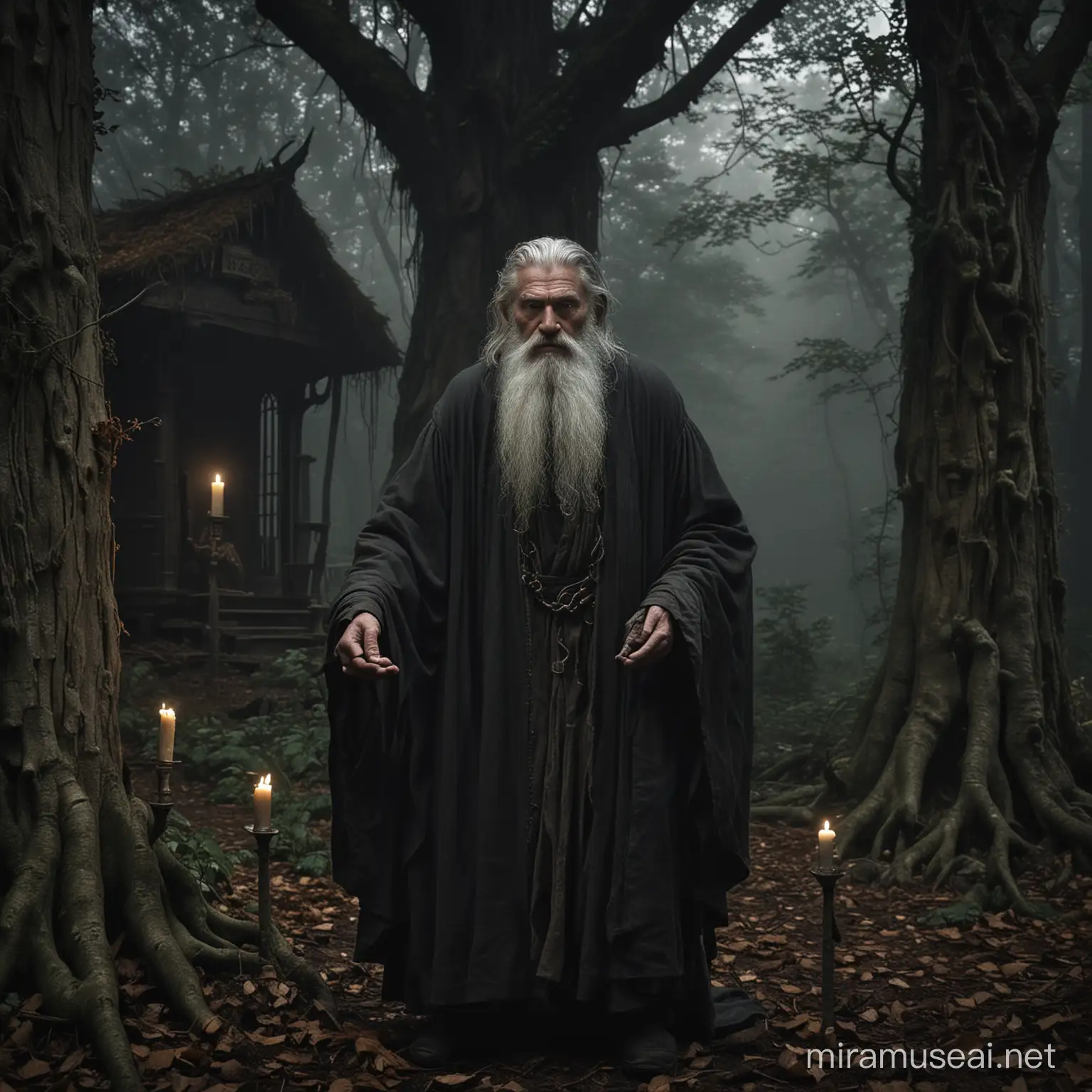 Enigmatic Forest Wizard in Shadowy Dwelling
