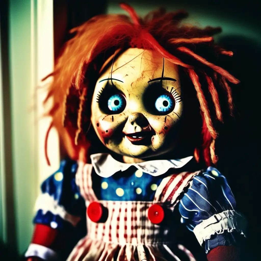 A doll that looks like Chucky and Raggedy Ann, her eyes telling a story of horrific wisdom. Captured in Analog Film style, emulating a vintage portrait with a warm color palette and a 35mm lens to enhance the depth of her expression.