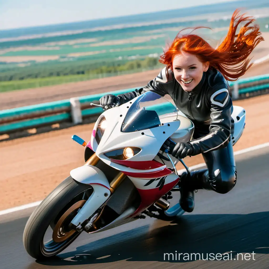 
red haired girl speeding with racing motorbike