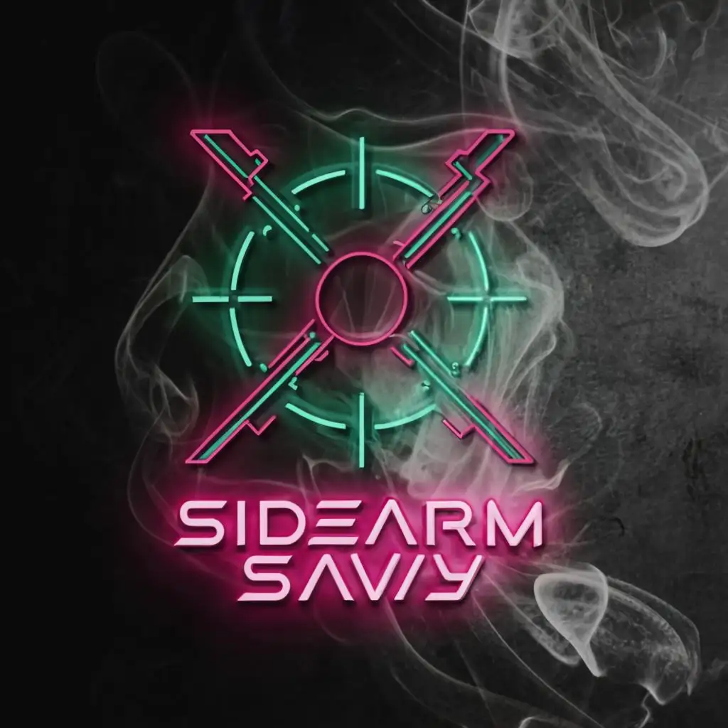 a logo design,with the text "Sidearm Savvy", main symbol:SS inside of crosshairs, smoke, metal, futuristic, minimalistic, neon, crimson and teal, pistols, correct spelling, neon letters, cyberpunk,Moderate,clear background