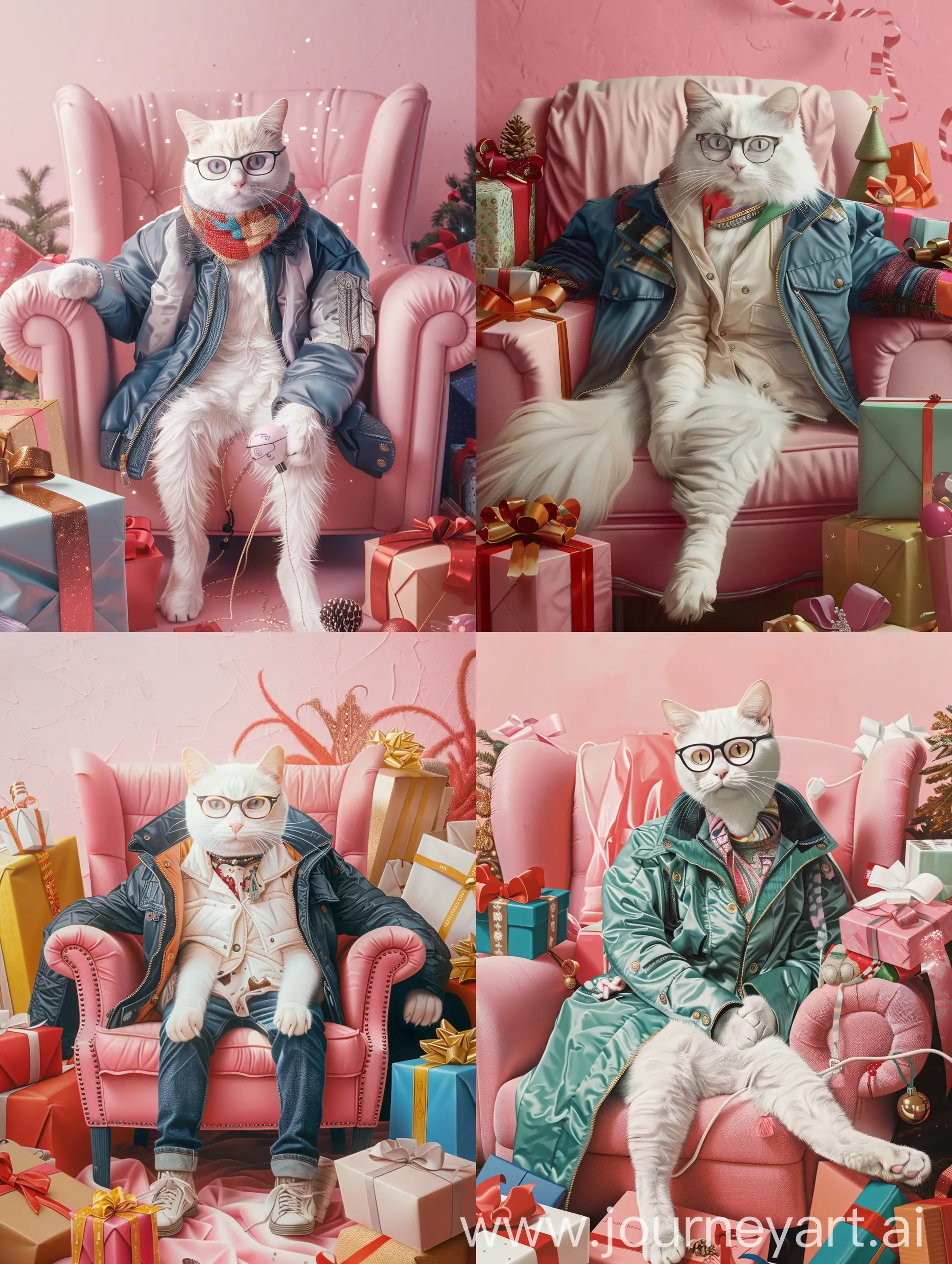 a white cat with glasses and a jacket is sitting on a pink armchair, surrounded by gifts, fashionable style, pink background, photorealism