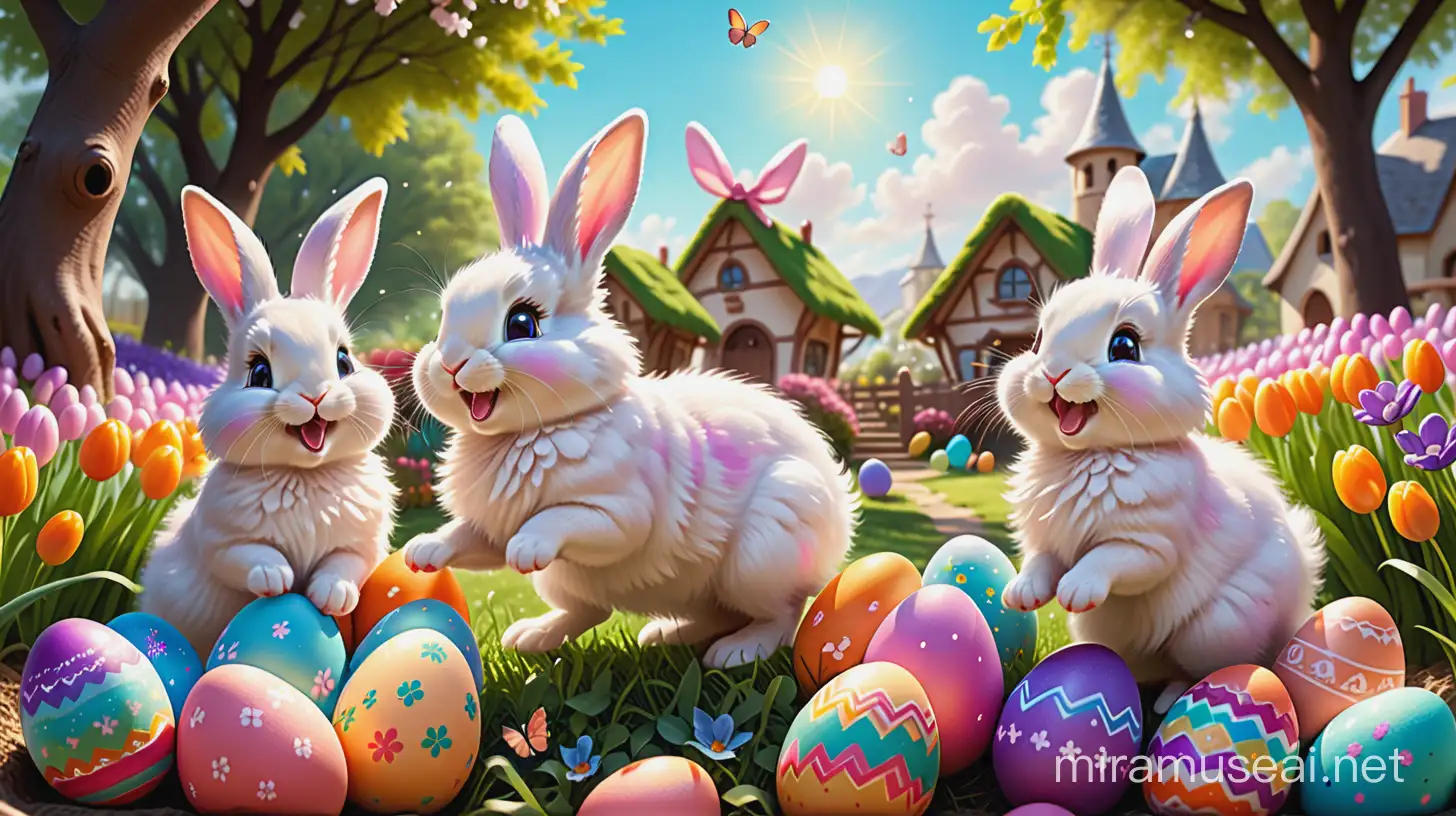 (a beautiful) Easter holiday scene,(vibrant colors),(best quality,highres,ultra-detailed) illustration,(adorable,playful) children,(cute,fluffy) animals,(magical,whimsical) fantasy style,(bright,sunlit) garden, (colorful,decorated) Easter eggs, (eagerly) searching for hidden treats, (joyful) laughter and (fun-filled) activities.
