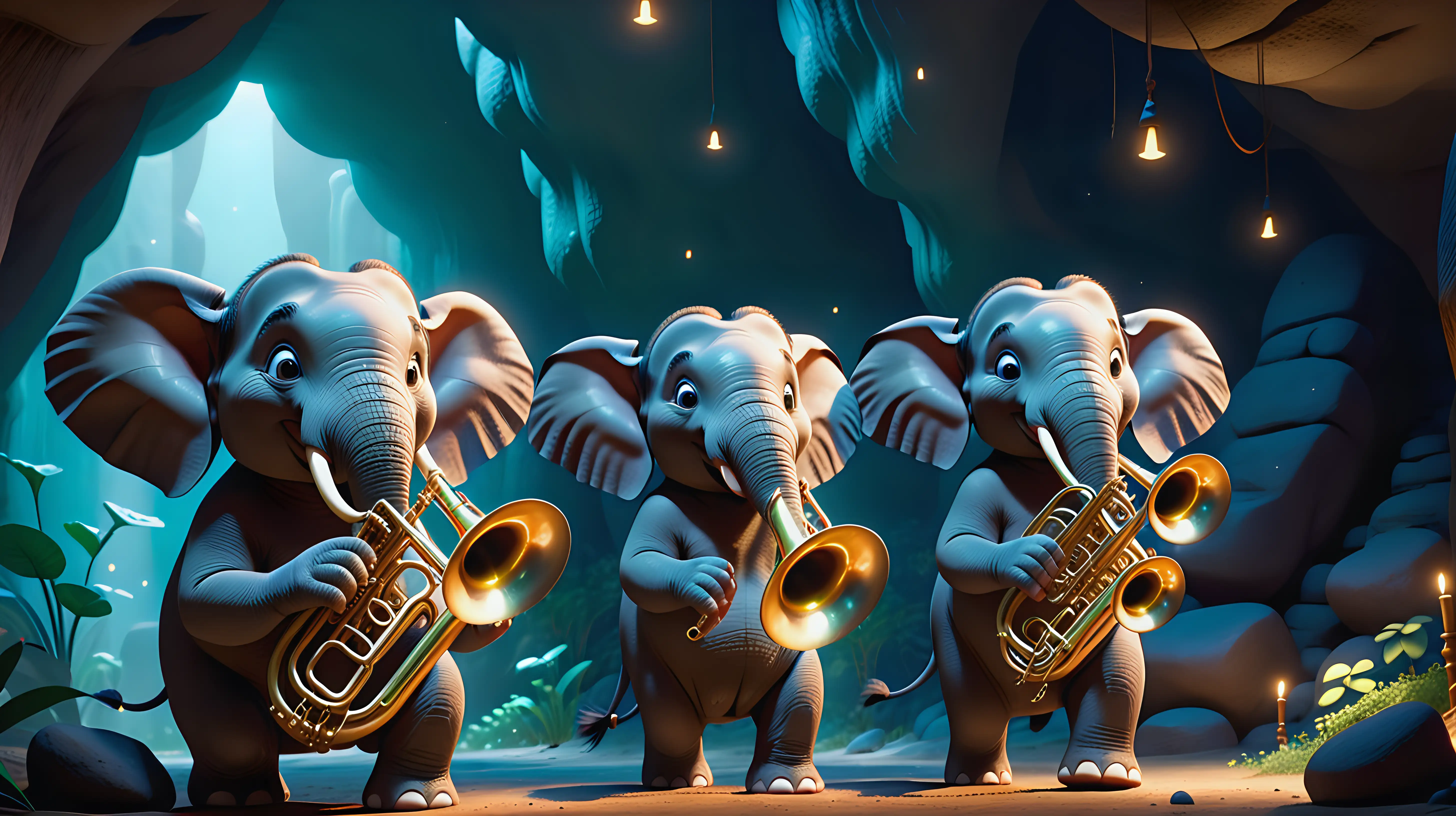 Elephants Playing Brass Instruments in Cave Pixar Style Maya 32K UHD