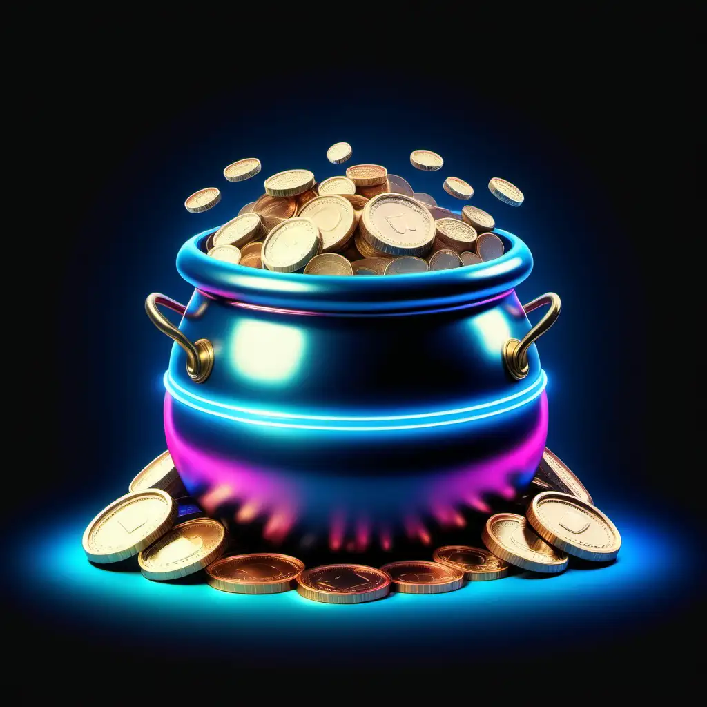 pot of gold with coins around it, neon blue and a little bit of pink, black background, super realistic