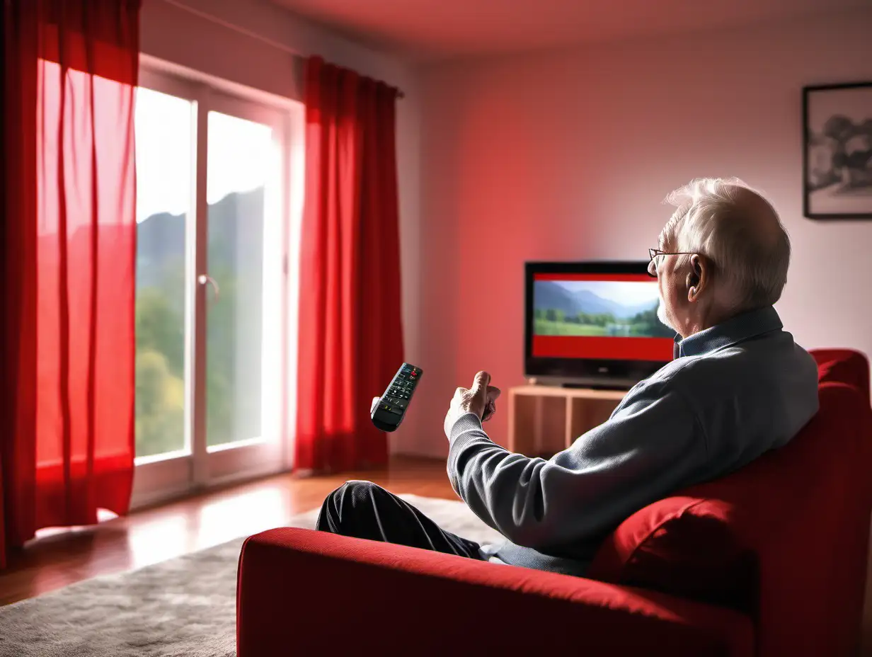 Un hombre de unos 60 años sentado sobre el sofá de su salón, observando calmado un televisor. Tiene el mando a distancia en su mano, apuntando hacia el televisor. Las paredes son lisas con algunos cuadros de paisajes, hay una gran ventana en la pared del fondo tapada con una cortina. Toda la estancia está iluminada de rojo.