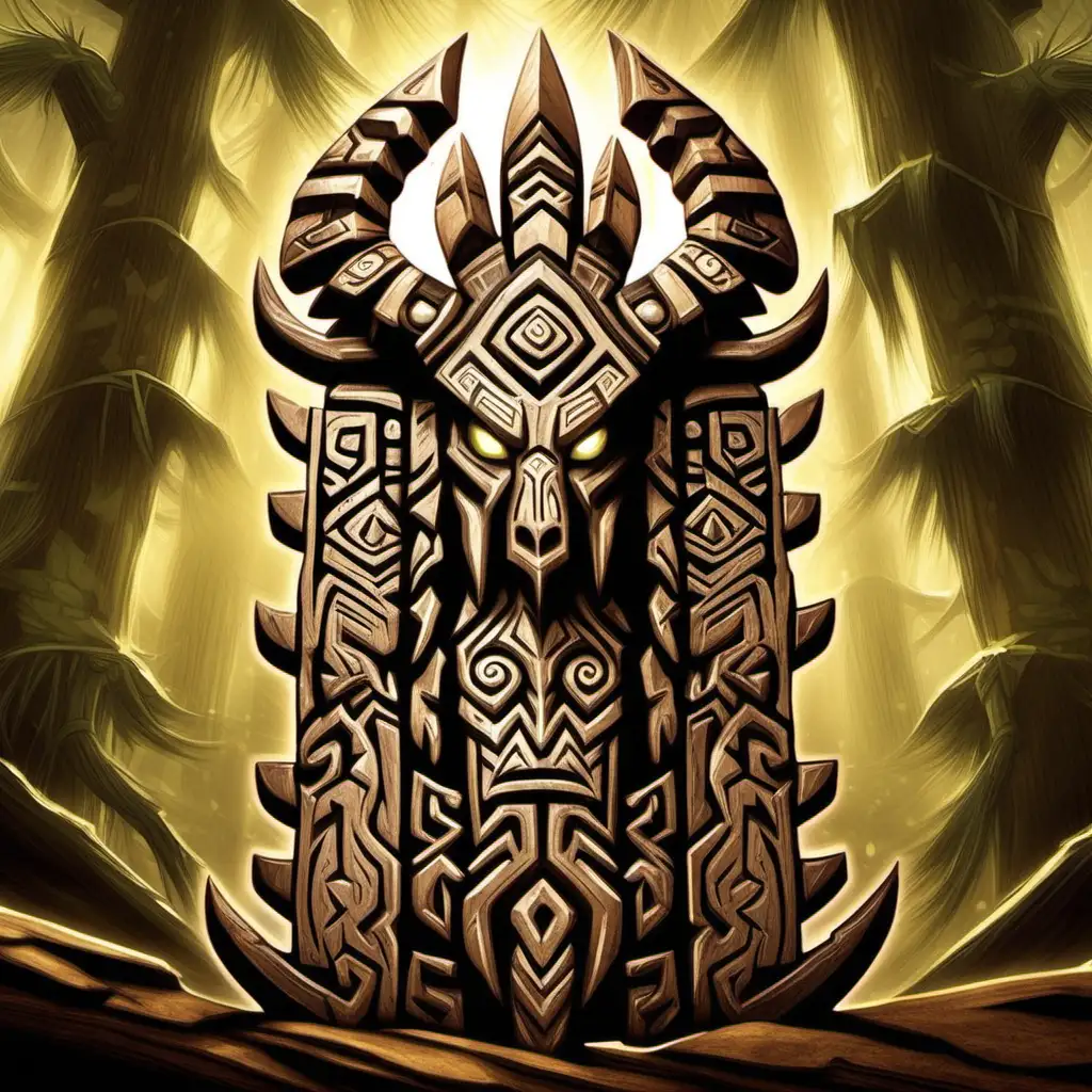 tribal war totem, mythical beast carvings, world of warcraft tcg art, shaman totem