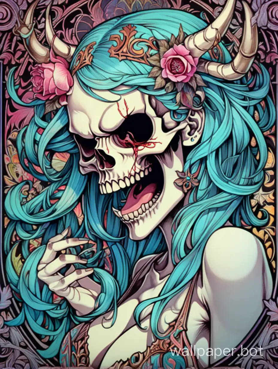 skull young Succubi, skull Beautiful face, devil laugh crazy, open mouth with tongue, chaos ornamental, neon details, darkness, asymmetrical, William Morris poster, Alphonse Mucha hyperdetailed, torn poster edge, high contrast, Pantone chromatic dripping colors, explosive colors, sticker art