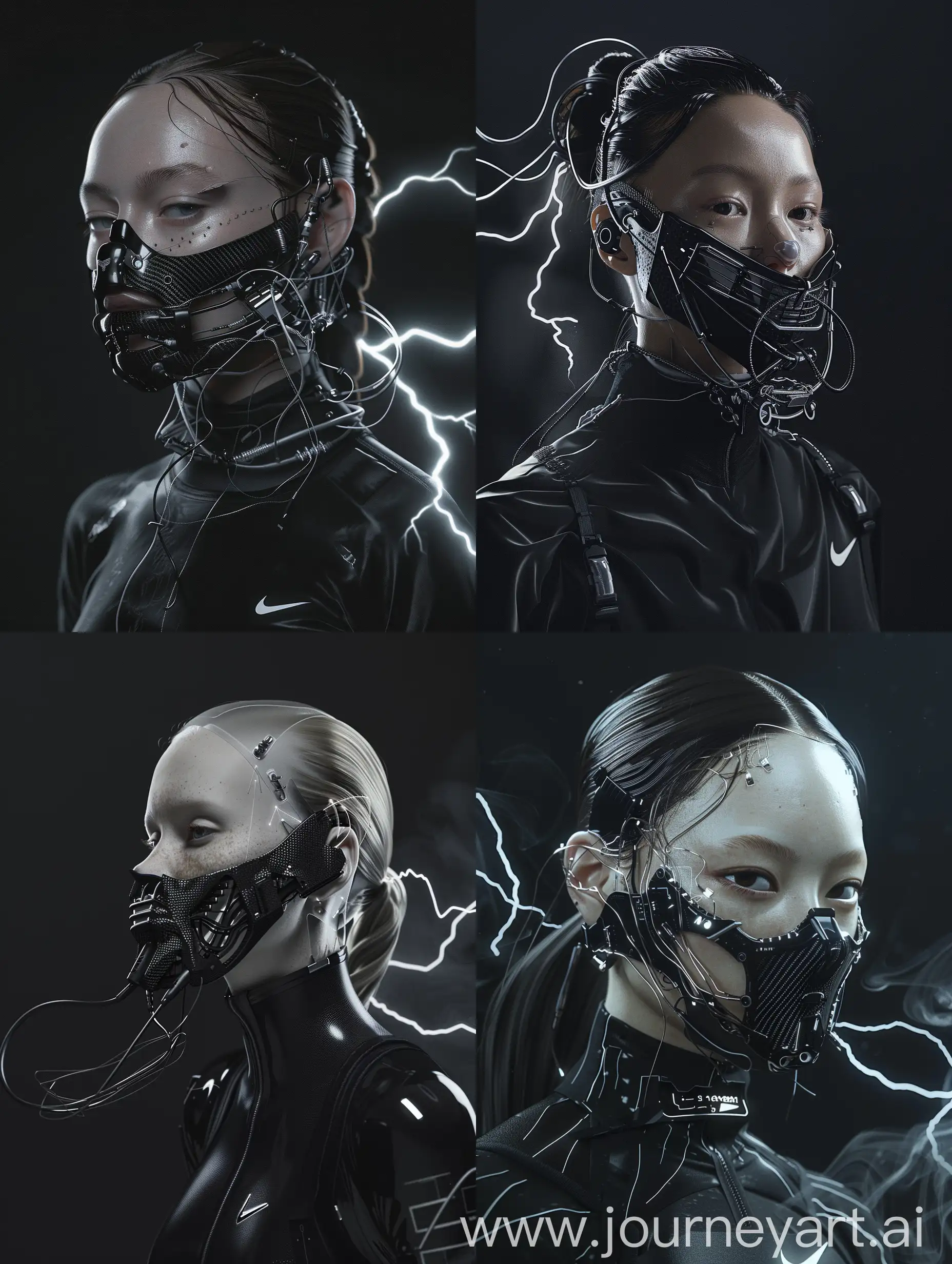 Against a sleek black backdrop, behold a mesmerizing character adorned with a cybernetic mouth-covering mask. It seamlessly blends cutting-edge technology with intricate details, boasting carbon fiber textures, sleek aluminum accents, and wires. Symbolizing the delicate balance between humanity and machine, her appearance embodies the essence of a futuristic cyberpunk aesthetic, enhanced with Nike-inspired add-ons. With dynamic movements reminiscent of action film sequences, cinematic haze, and energy that crackles like lightning, her presence captivates with its irresistible allure