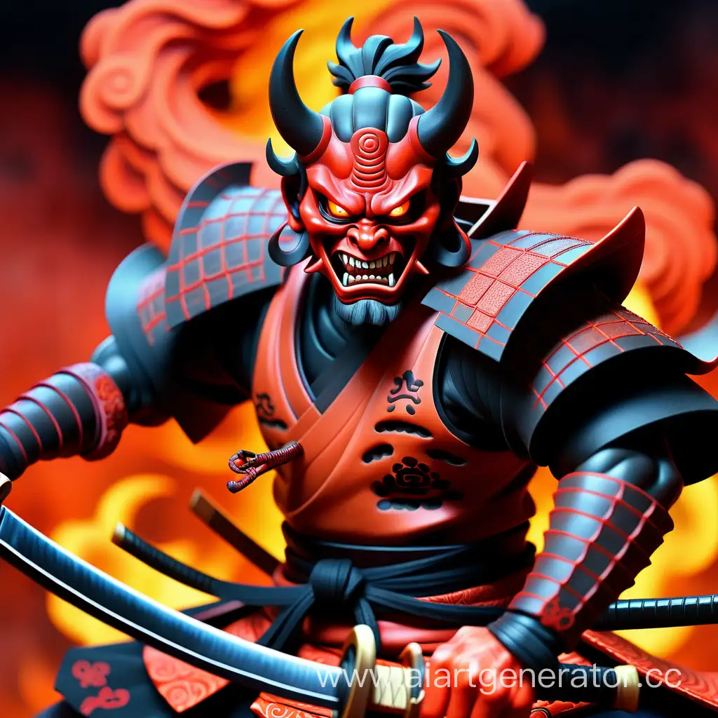 демон самурай на огненом фоне 

