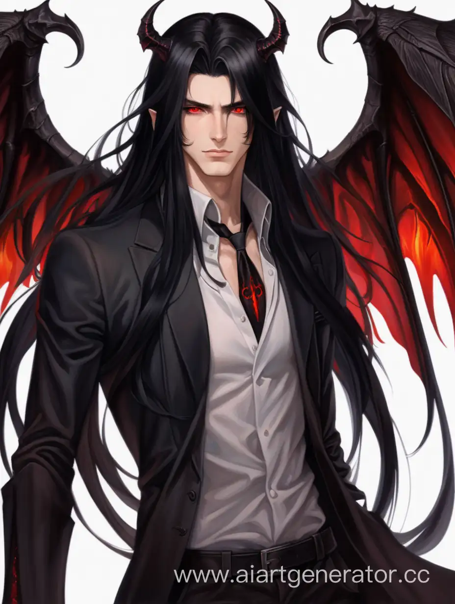 Молодой, красивый мужчина. У него длинные черные волосы, красные глаза и опаленные крылья черного цвета. Он дьявол.