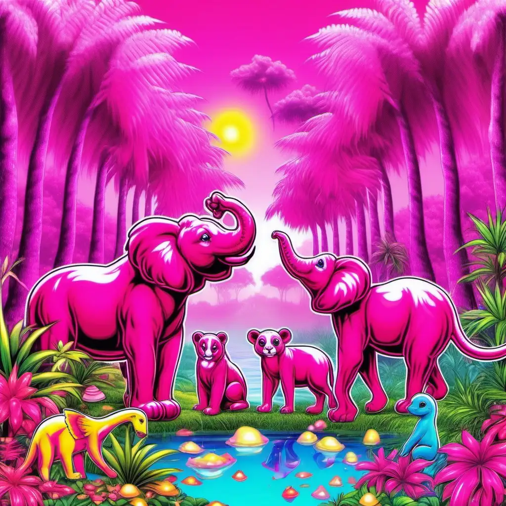 Create a group of animals all pink in the style of Lisa frank in an all pink rainforest with pink plants pink trees ans pink grass