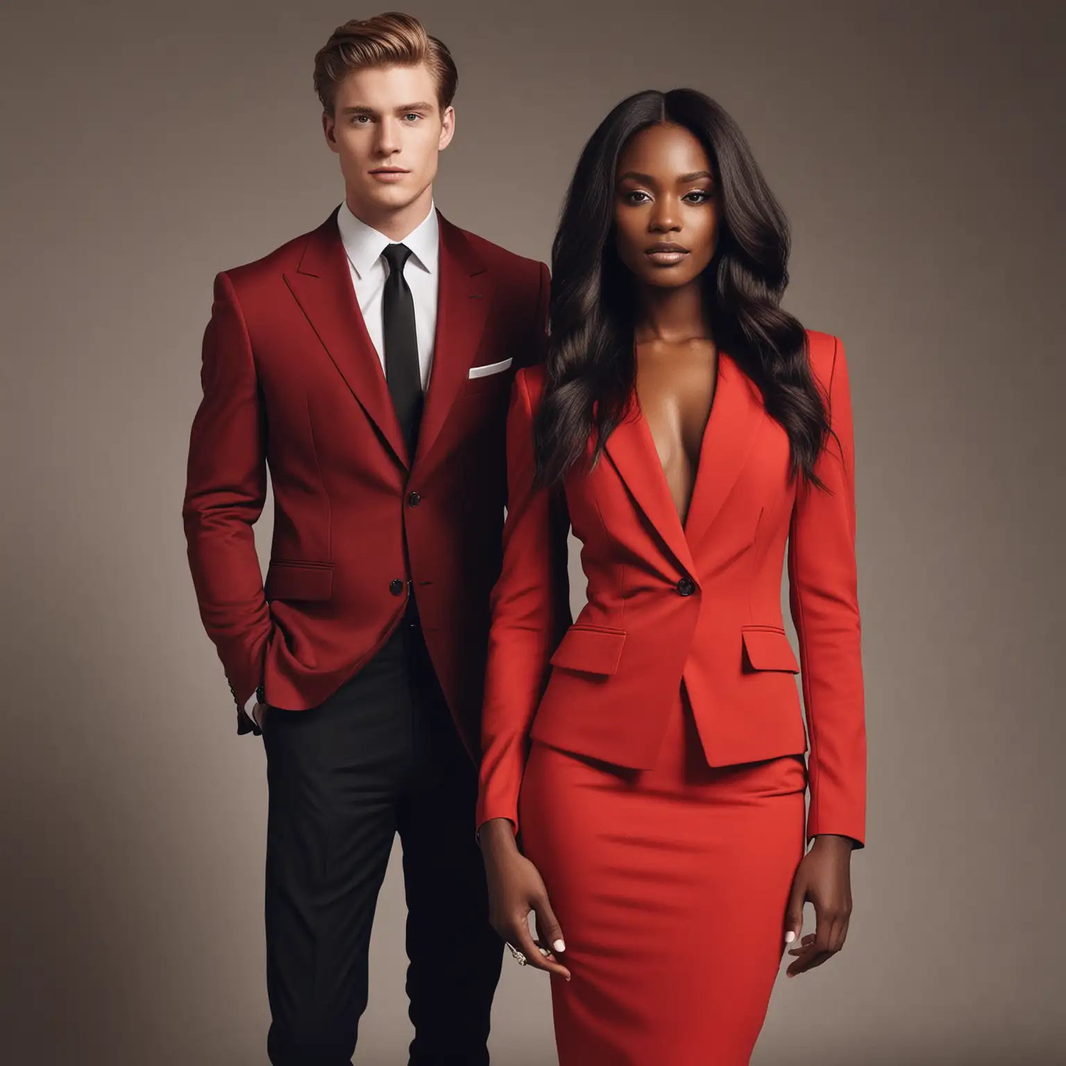 Elegant White Male Model in Suit and Stunning Black Woman in Red Dress