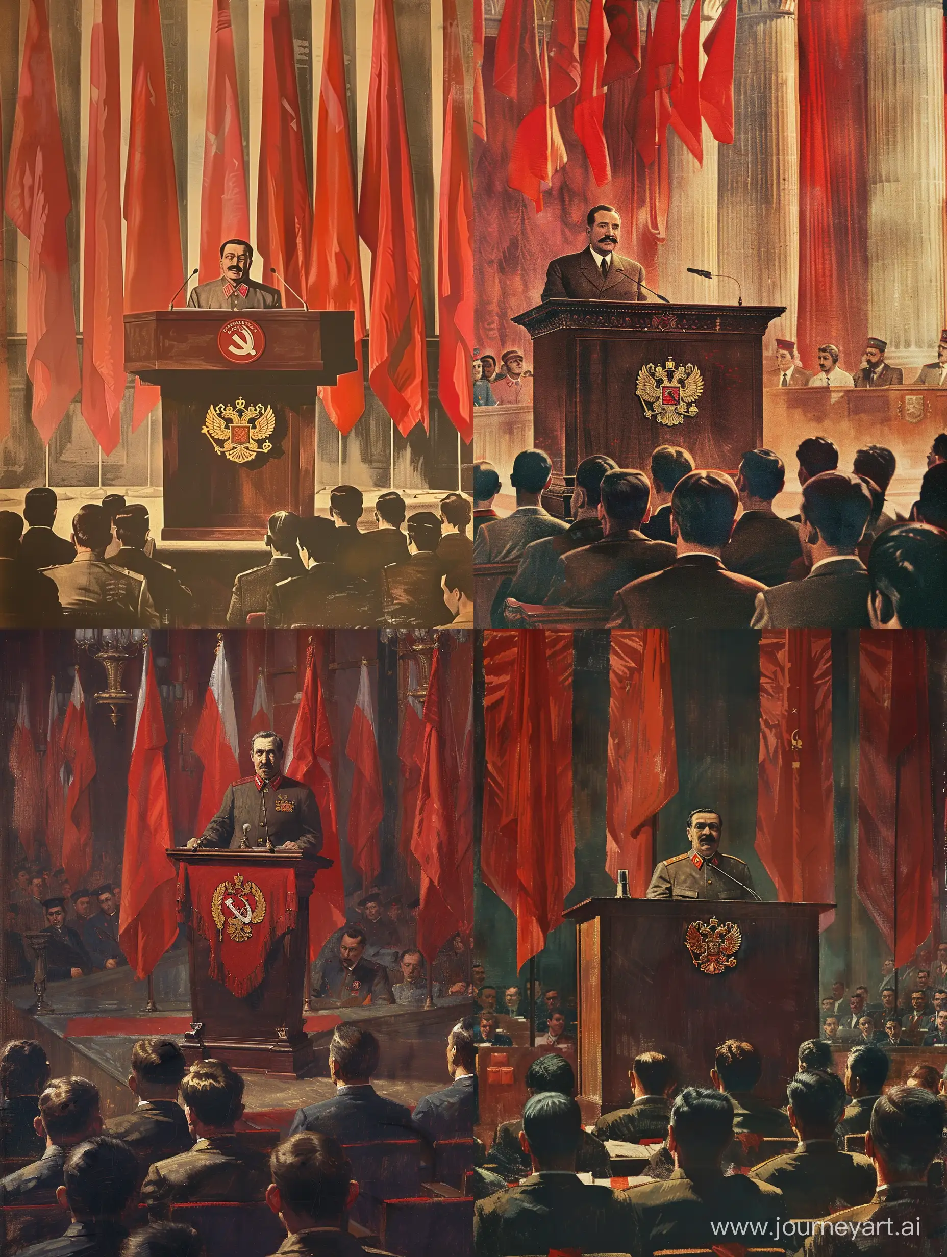 Иосиф Сталин стоит за кафедрой с эмблемой герба СССР, и читает что то на этой кафедре, по всему залу заседания висят красные флаги, слушатели сидят впереди Сталина