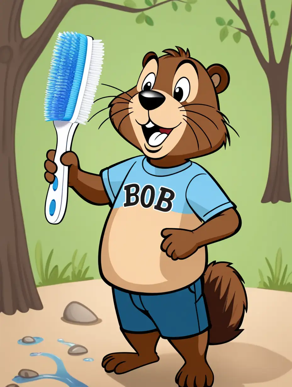 Bob the beaver parents gave him a special present. It was a toothbrush with his name on it! He was so excited to show off his new toothbrush to his friends., cartoon style