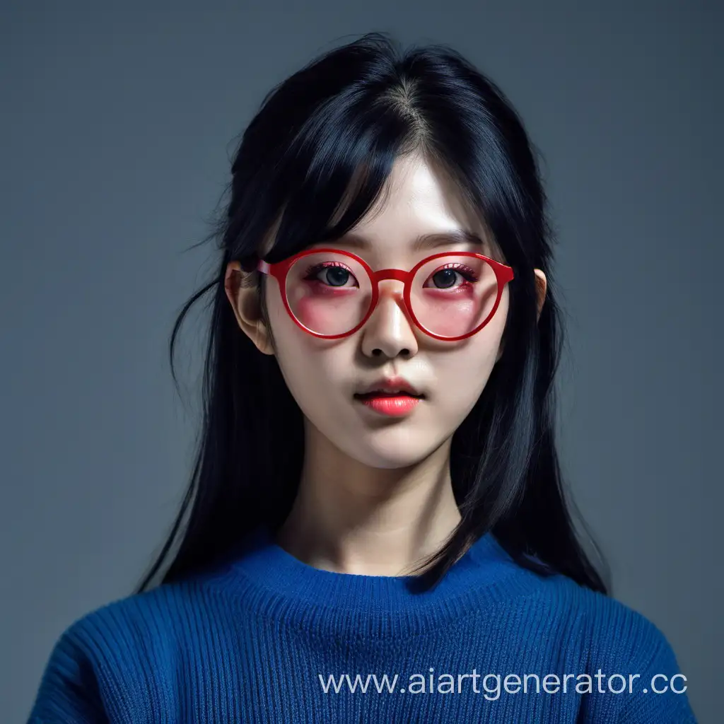 Korean girl in red glasses with black hair, in a blue red sweater. With dark blue eyes.
