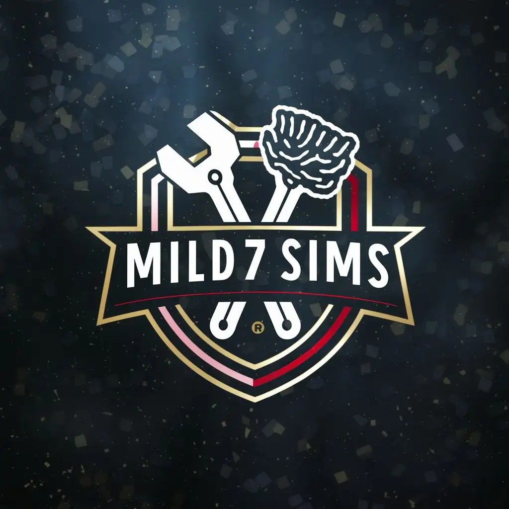 logo, crest with wrench and mop, with the text "Mild7 Sims", typography, be used in Entertainment industry