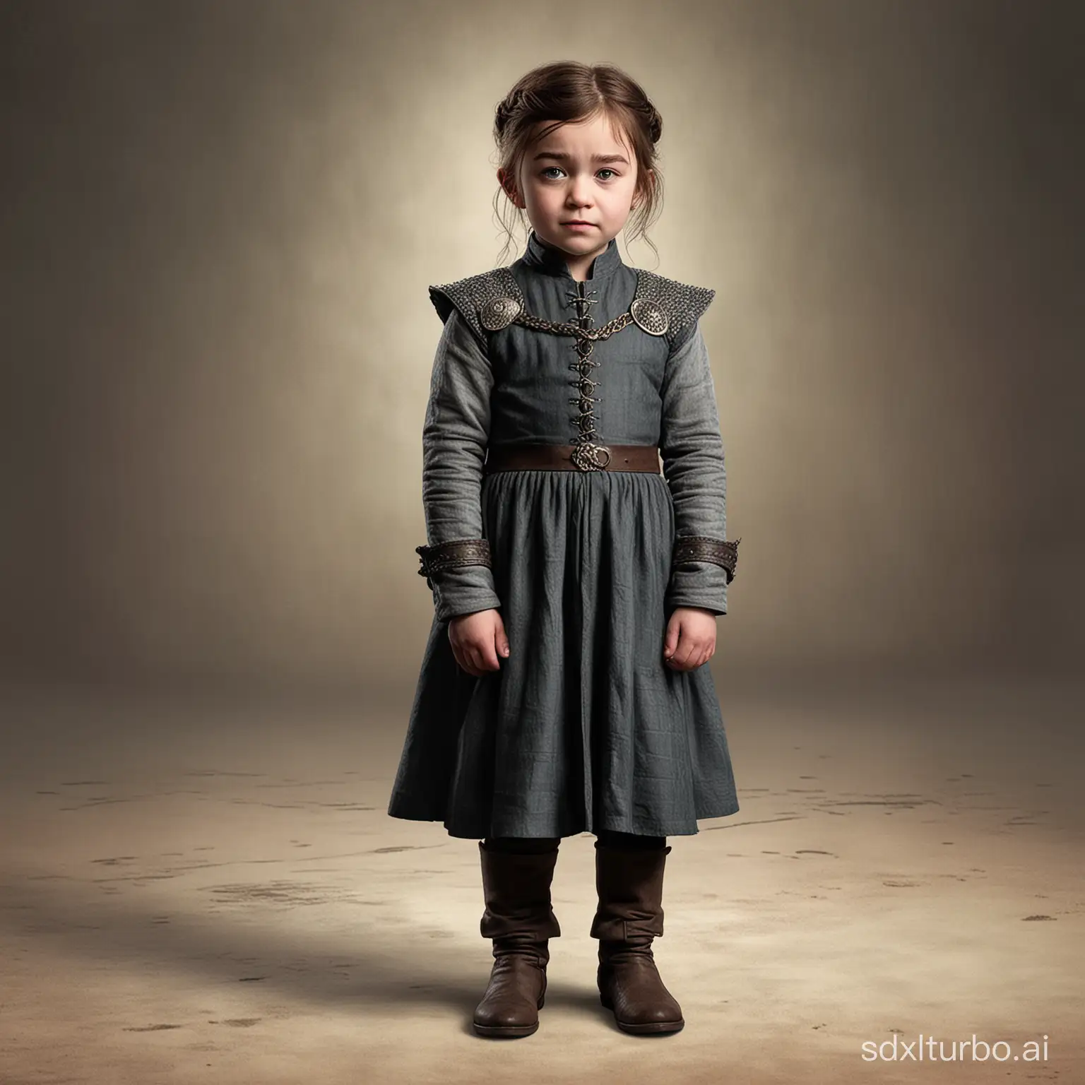 Little child aria stark from serial game of thrones, game character, stands at full height