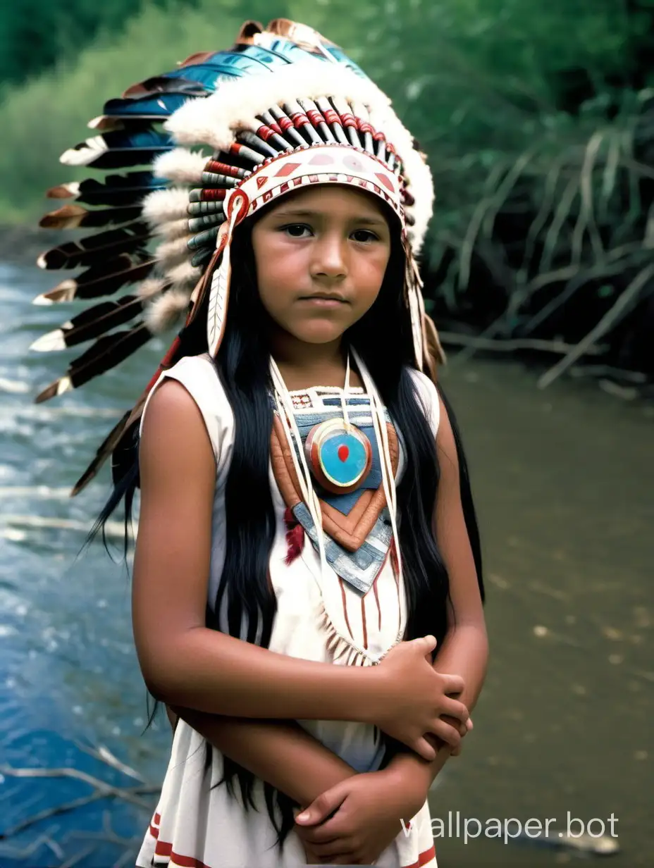 12 year old native American girl black hair brown eyes wearing Indian headdress hugging 10 year old sister standing in creek