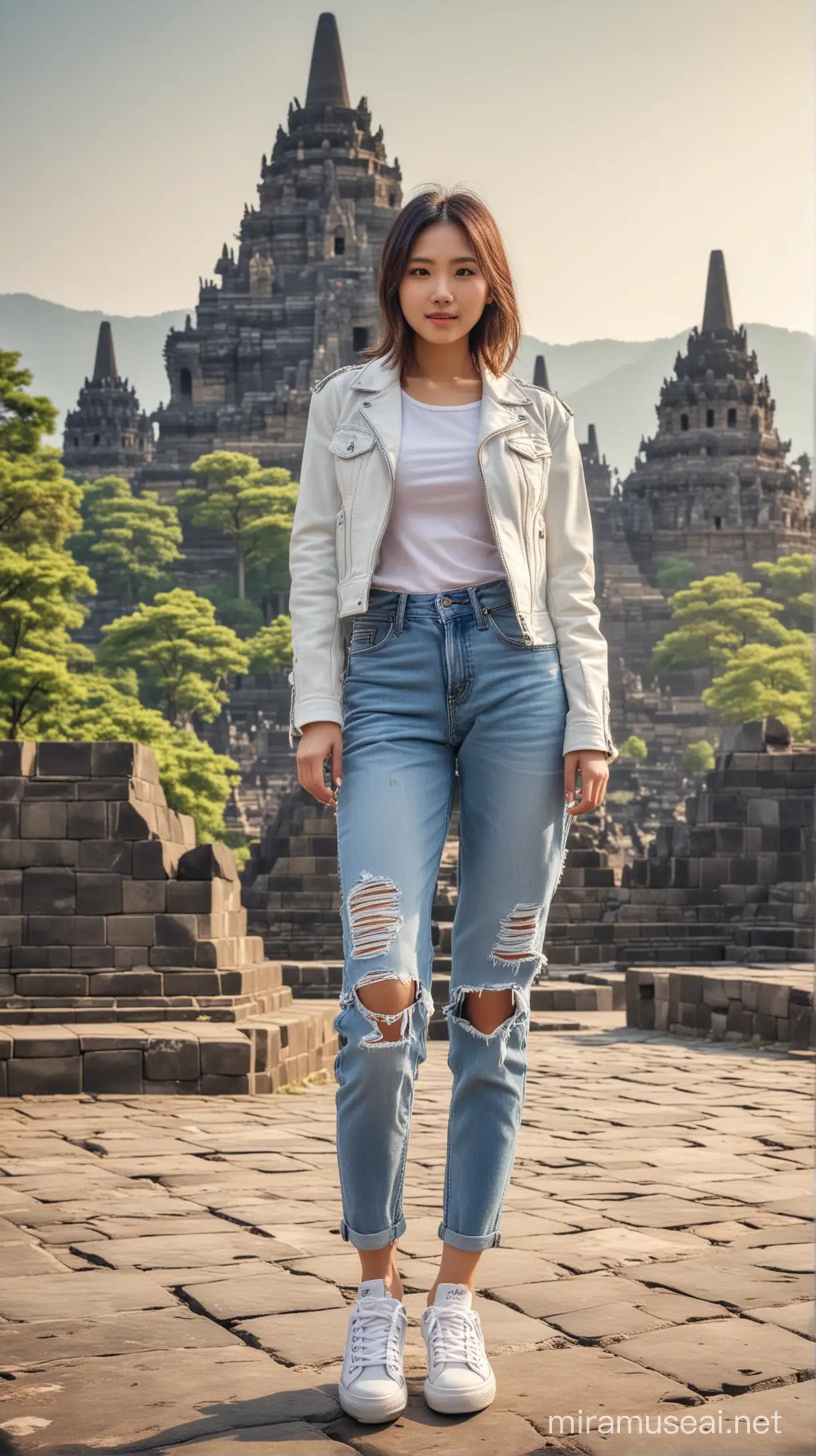 Stylish Korean Woman in Leather Jacket at Borobudur Temple