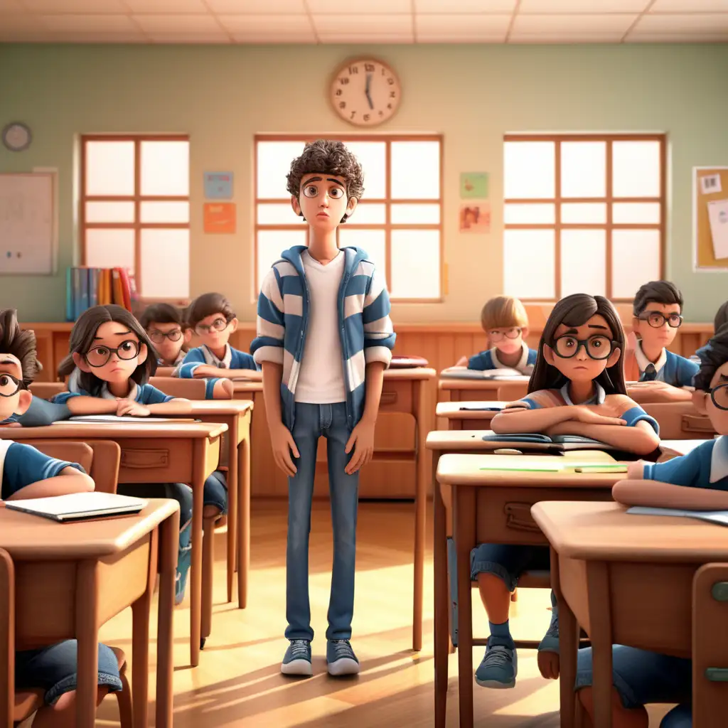 Create a 3D illustrator of an animated image of a guilty looking student, standing in front of his desk in a classroom, students are sitting in their places. Beautiful and spirited background illustrations.
