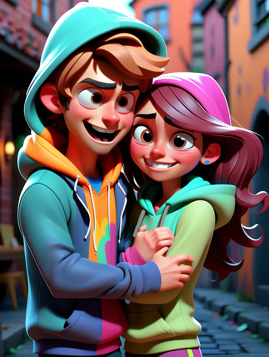 Generate a vibrant 3D animated scene with two characters standing next to each other with the boy hugging the girl. The first character is a girl with a cute and expressive face, wearing a colorful hoodie. She should have long luscious hair and a grumpy look on her face. The second character is a boy with a longer and slim figure, exuding joy and sweetness with a very happy and expressive face. Both characters should be in a cartoonish style with vivid colors. make the background look like brugge