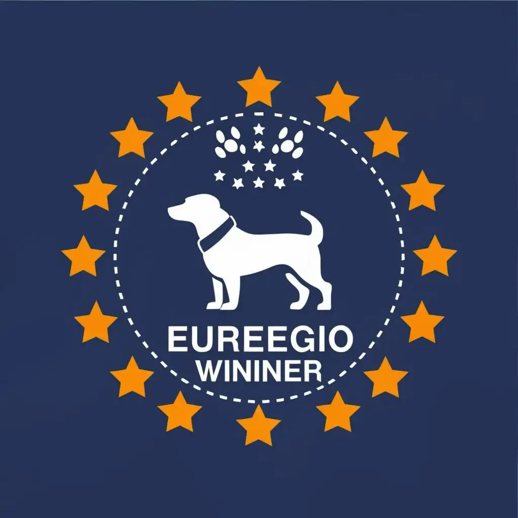 logo, dog european union flag stars, with the text "Euregio Winner", typography
