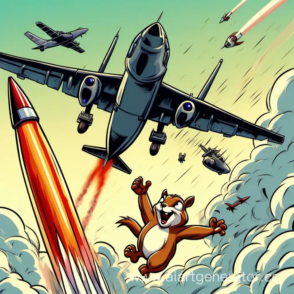 An evil squirrel launches a rocket into a military plane