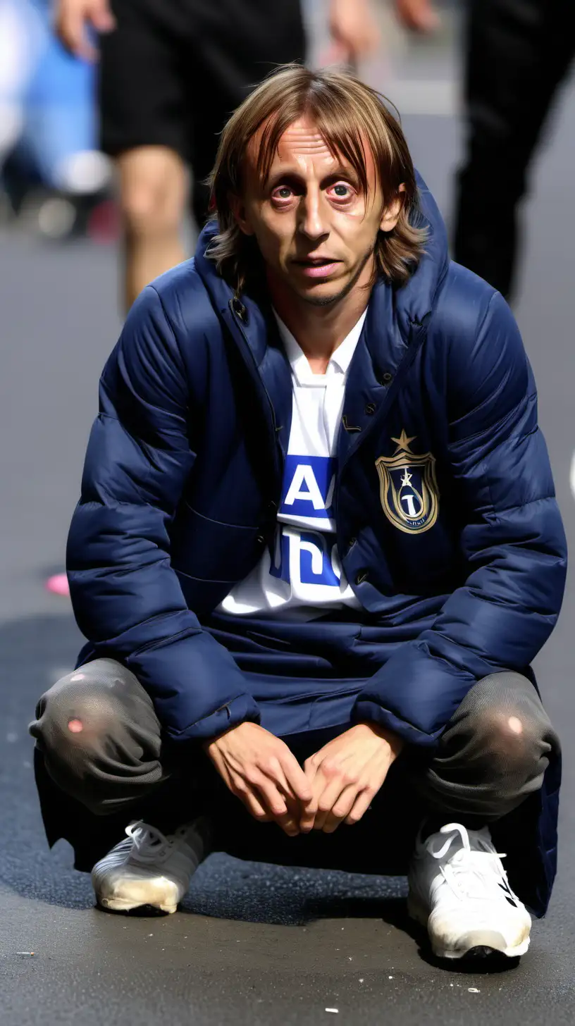Luka Modric dressed as a homeless guy sitting on the ground