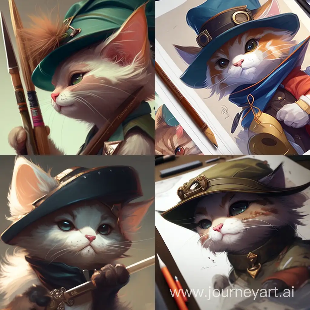 a close up of a cat with a brush and a hat, jean-sebastien rossbach, furry artist, by Ryan Yee, furry art, great character design, furry fantasy art, by Choi Buk, very very beautiful furry art, by Shitao, adorable digital painting, lois van rossdraws, fleurfurr, by Clément Serveau