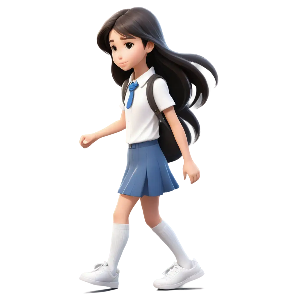 Cartoon character realistic style of a 12 years old girl. She has white skin, long black hair, big light brown eyes. how her back  not her face. She is wearing a white button up shirt shot sleeve top, a blue skirt and white shoes and tall white socks.  She is walking away. 