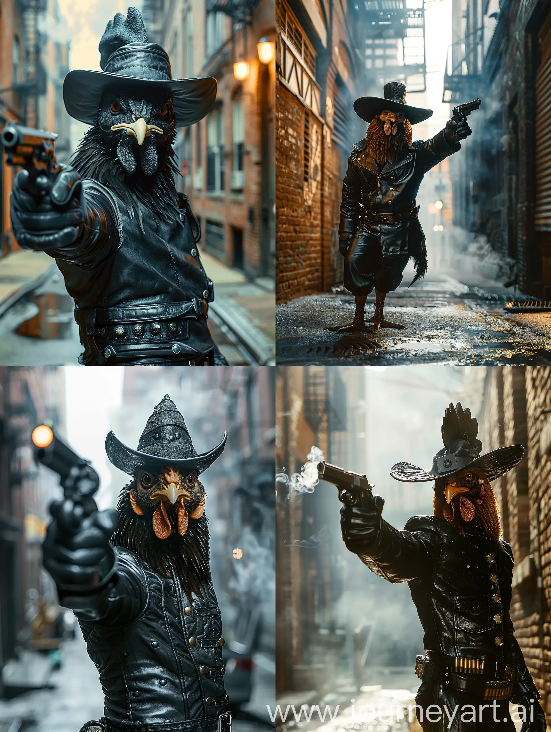 Photo of anthropomorphic rooster, wearing black leather bandit gear, hat, pointing a gun towards the camera, metropolis alley, smoke effect, backlighting --stylize 250  